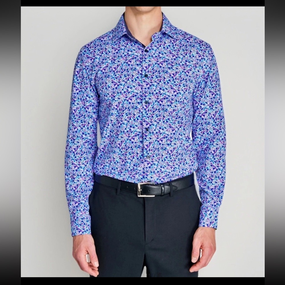 WRK Mens 4-Way Stretch Button-Up Long Sleeve Watercolor‎ Floral Shirt Size 18